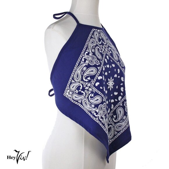 Blue Bandana Print Cotton Halter Top - Retro Style - Size Large - Picture 2 of 5